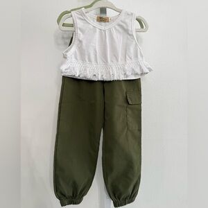 Kids White Fringe Crop Top and Olive Green Pant Set